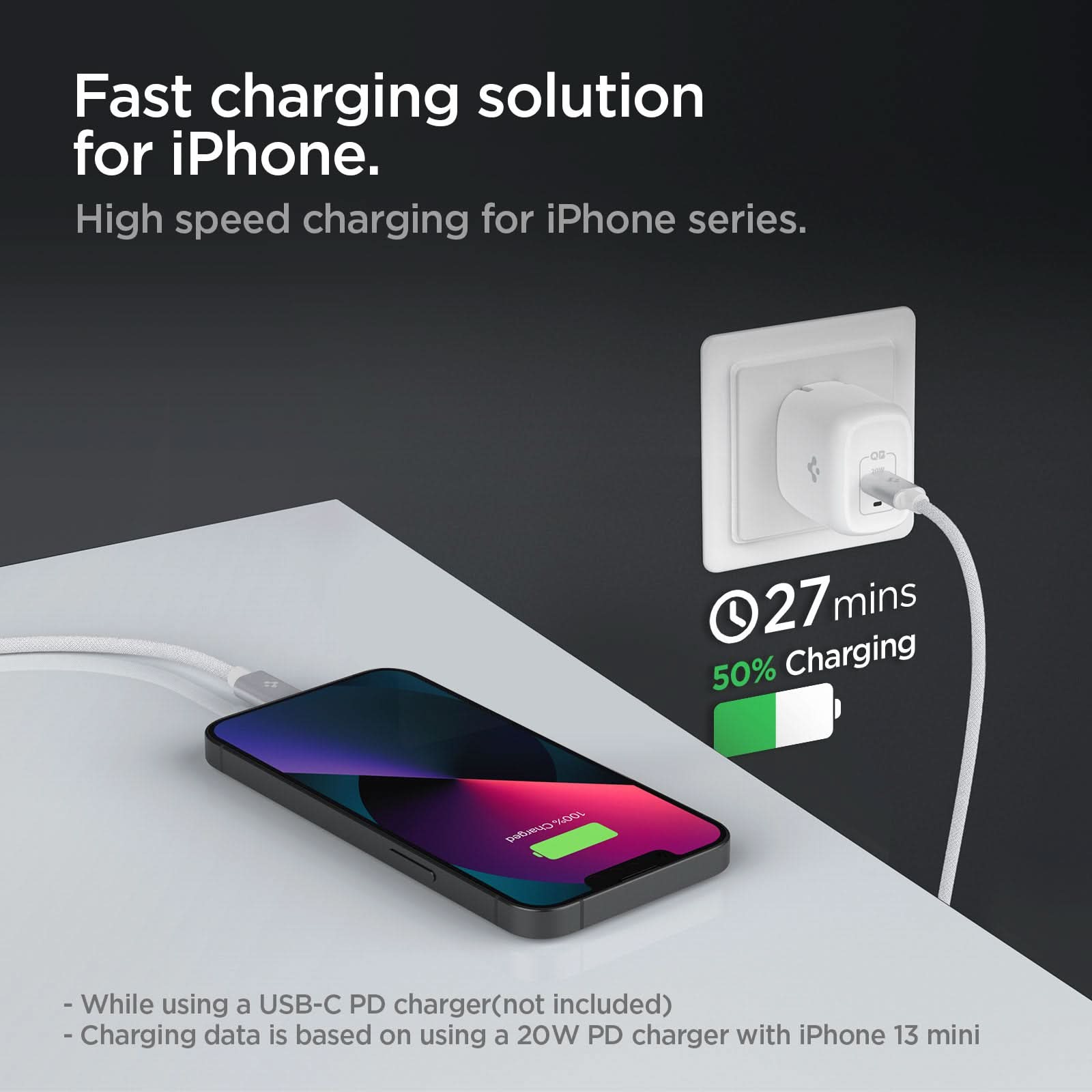 ACA04467 - ArcWire™ USB-C to Lightning Cable PB2200 in White showing the Fast charging solution for iPhone. High speed charging for iPhone series. While using a USB-C PD charger (no included), Charging data is based on using a 20W PD charger with iPhone 13 mini. A device charging in 27mins(50% charging))
