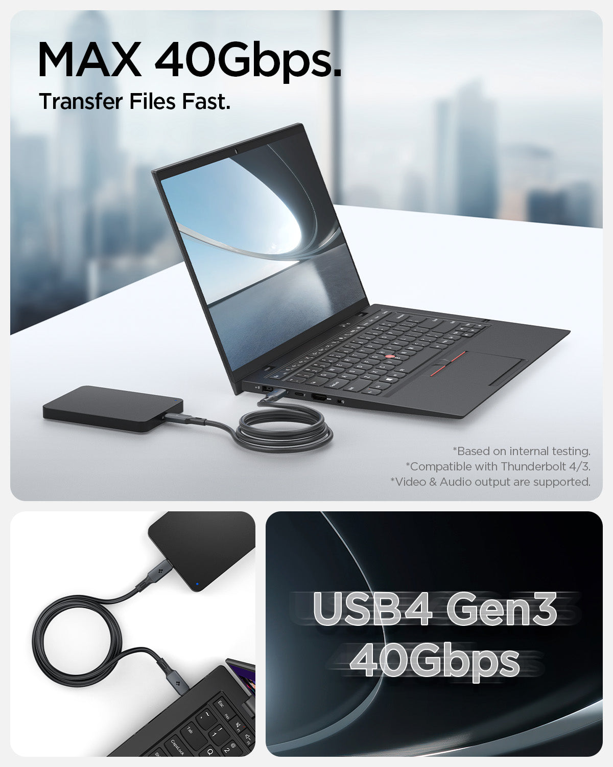 ACA06839 - ArcWire™ USB-C to USB-C Cable PB2202 in Black showing the Max 40Gbps. Transfer Files Fast. USB4 Gen3 40Gbps. Showing devices on attached to a power bank with a charging cable. Base on internal testing. Compatible with Thunderbolt 4/3, Videos, Audio output are supported