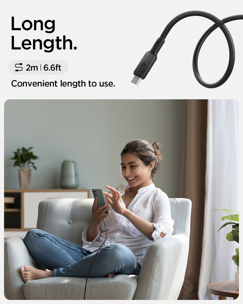 ACA06839 - ArcWire™ USB-C to USB-C Cable PB2202 in Black showing the Long Length. 2m/6.6ft. Convenient length to use