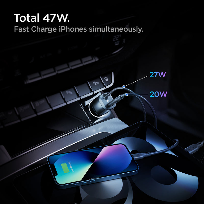 ACP04205 - ArcStation™ Car Charger PC2100 in Black showing the Total 46W. Fast Charge iPhones simultaneously. 27W and 20W car charger attached to a car while charging two devices