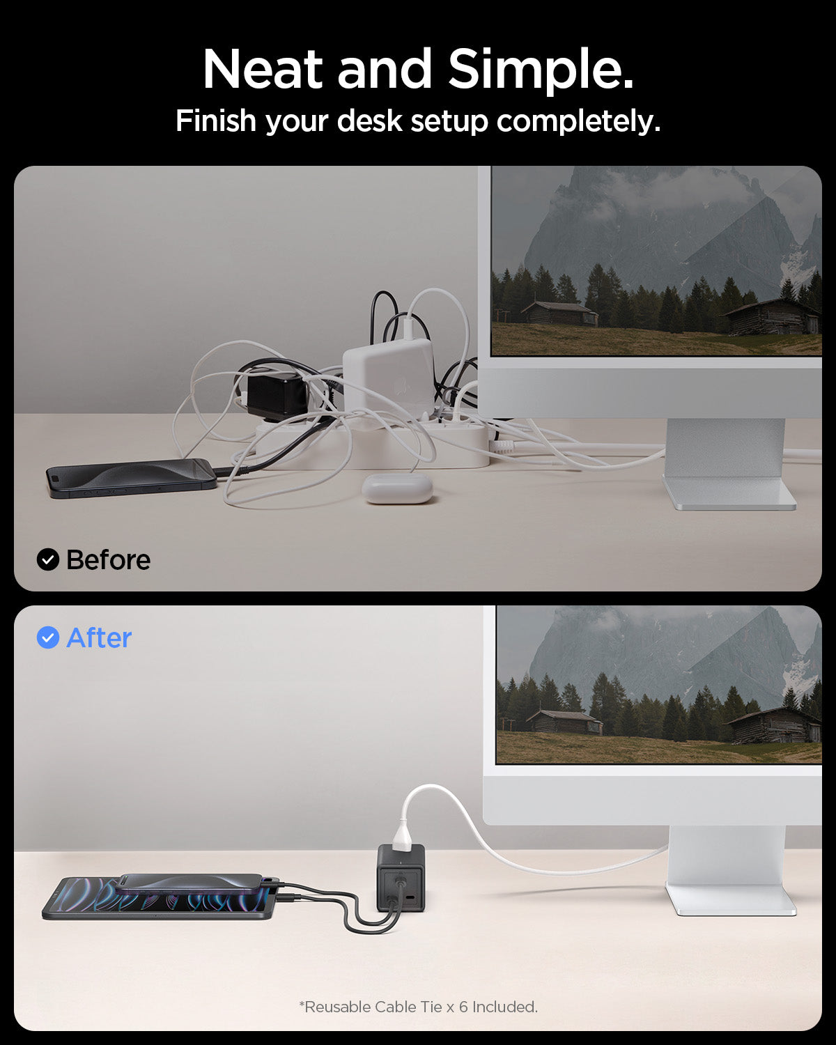 ACH05942 - ArcDock 70W Desktop Charger PD2102 in Black showing the neat and simple, finish your desk setup completely. showing the before and after