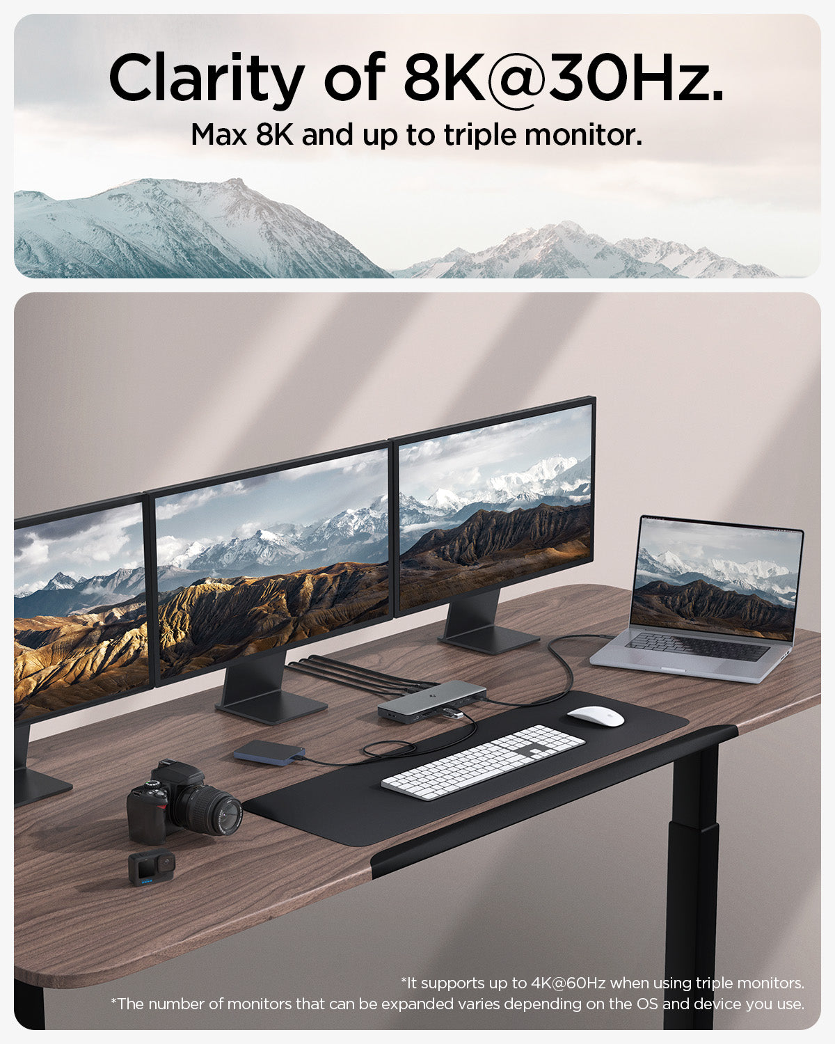 ACA06518 - ArcDock Pro Multi Hub PD2307 in Space Gray showing the Clarity of 8K@30Hz. Max 8K and up to triple monitor. It supports up to 4K@60Hz when using triple monitors. Then number of monitors that can be expanded varies depending on the OS and device you use
