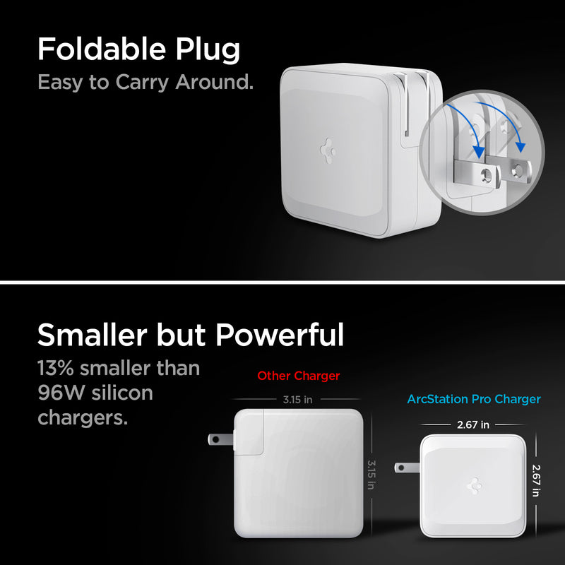 ACH02122 - ArcStation™ Pro GaN 100W Dual Port Wall Charger PE2006 in White showing the Foldable Plug, easy to carry showing a charger with a plug in motion. A Smaller but Powerful 13% smaller than 96W silicon chargers. Sizes comparison of other charger than Pro charger 