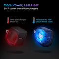 ACH02021 - ArcStation™ Pro GaN 20W Wall Charger PE2009 in Black showing the showing More Power, Less Heat, 50°F cooler than silicon chargers. Comparison between other chargers and AS Pro GaN 20W charger which is way more cooler
