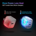 ACH02022 - ArcStation™ Pro GaN 20W Wall Charger PE2009 in White showing the showing More Power, Less Heat, 50°F cooler than silicon chargers. Comparison between other chargers and AS Pro GaN 20W charger which is way more cooler