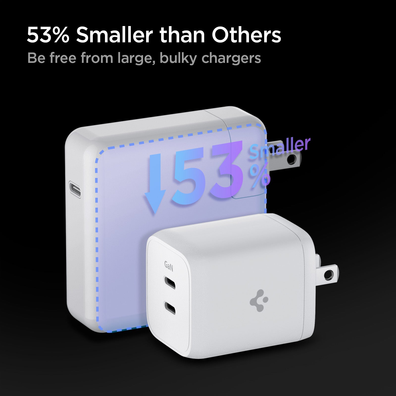 ACH03719 - ArcStation™ Pro GaN 652 Dual Port Wall Charger PE2106 in White showing 53% Smaller than Others, not bulky, showing sides and top of a wall charger beside a bigger charger