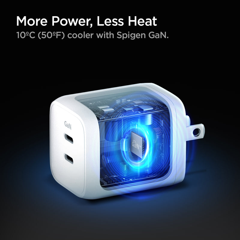 ACH03719 - ArcStation™ Pro GaN 652 Dual Port Wall Charger PE2106 in White showing More Power, Less Heat, much cooler with spigen GaN. A charger on a flat surface showing the system inside a wall charger