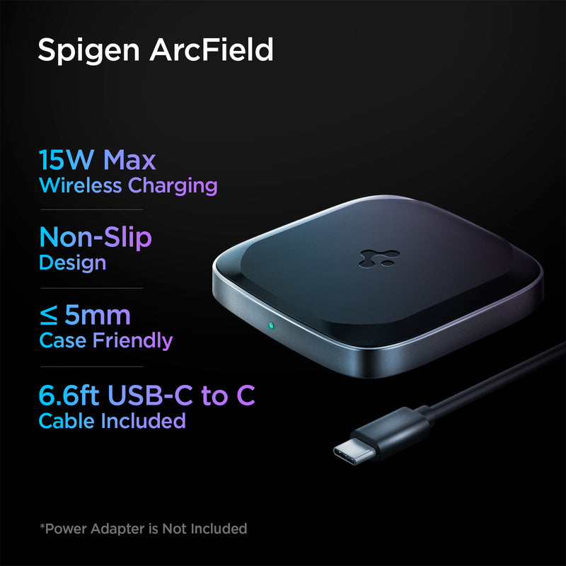 ACH02578 - ArcField™ 15W Wireless Charger PF2004 in Black showing the Sipgen ArchField. 15W Max Wireless Charging, Non-Slip Design, ≤ 5mm Case Friendly and 6.6ft USB-C to C Cable Included (Power Adapter Not Included)