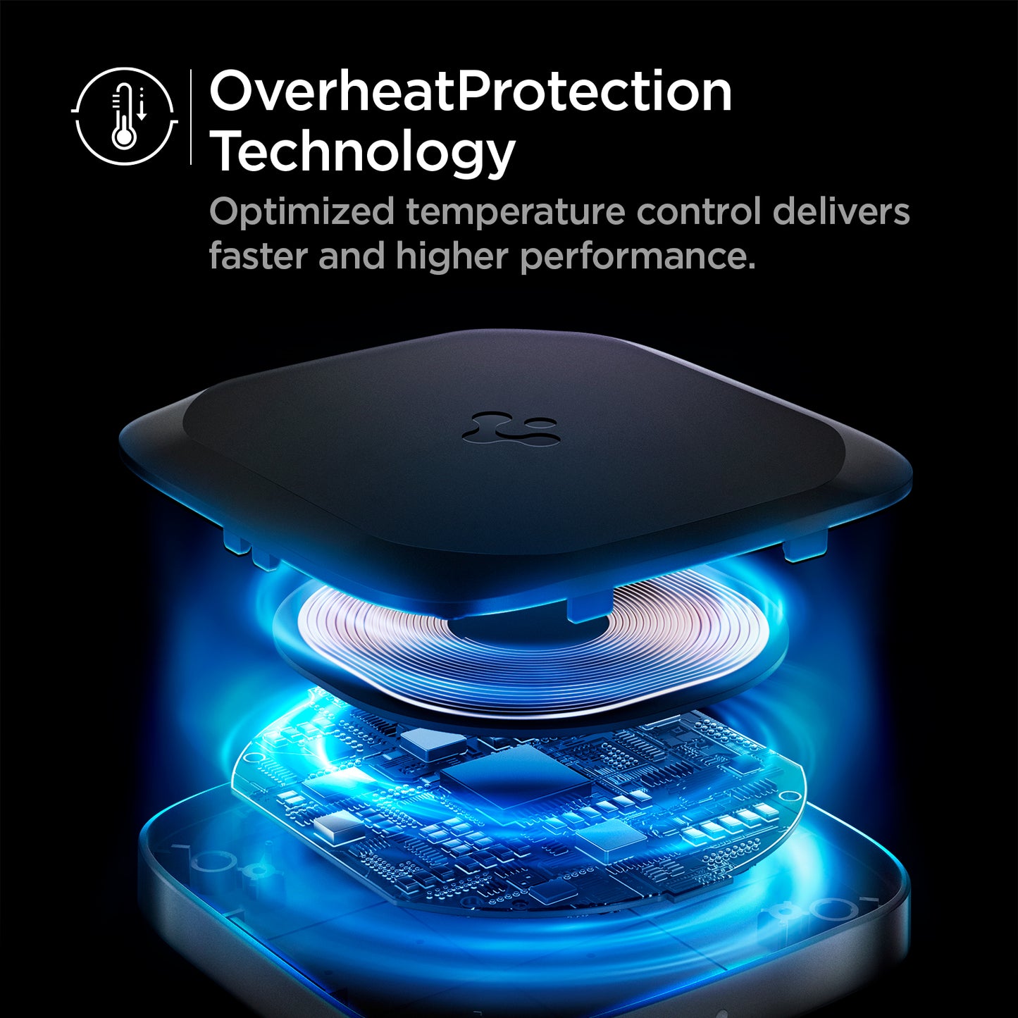 ACH02578 - ArcField™ 15W Wireless Charger PF2004 in Black showing the OverheatProtection Technology. Optimized temperature control delivers faster and higher performance. Inside technology of a wireless charger
