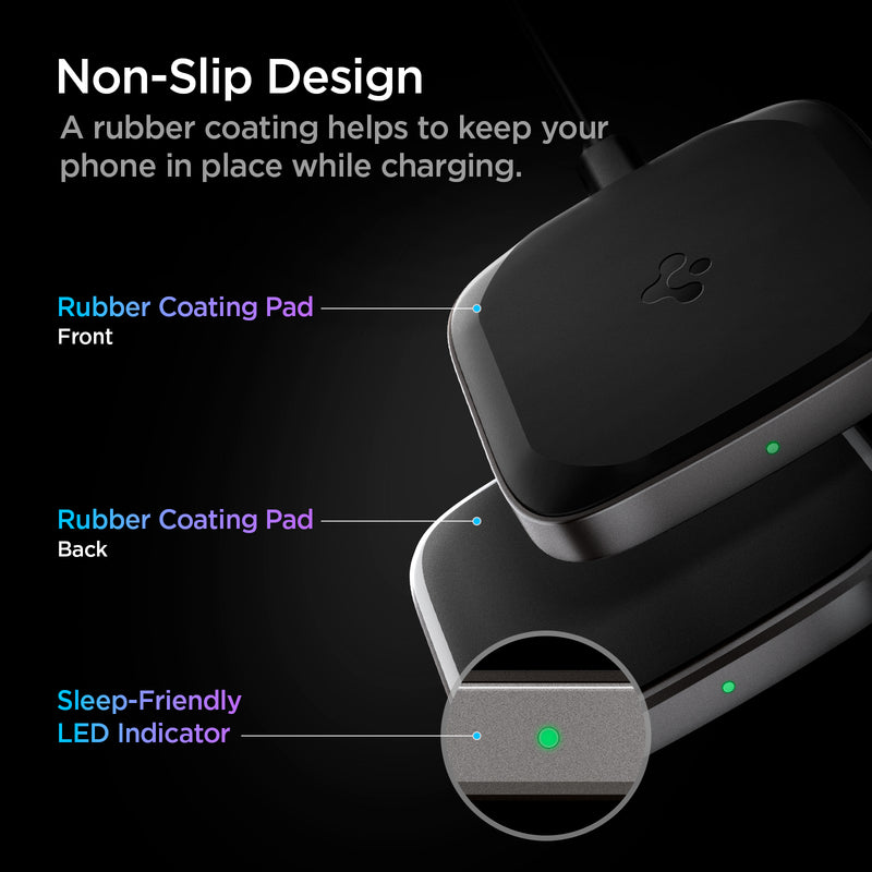 ACH02578 - ArcField™ 15W Wireless Charger PF2004 in Black showing the Non-Slip Design, a rubber coating helps to keep your phone in place while charging. Showing parts of a wireless charger a Rubber Coating Pad in front and back. Sleep-Friendly LED Indicator