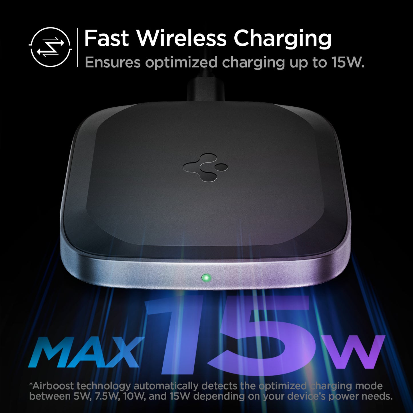 ACH02578 - ArcField™ 15W Wireless Charger PF2004 in Black showing the Fast Wireless Charging, ensures optimized charging up to 15W with max 15W. Airboost technology automatically detects the optimized charging mode between 5W, 7.5W. 10W, and 15W depending on the device's needed power