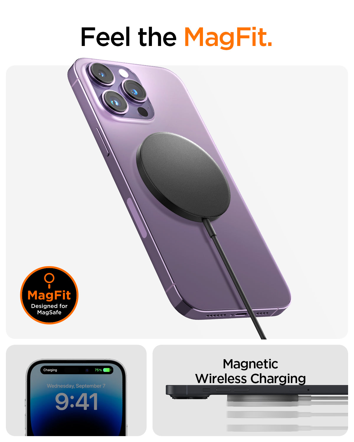 ACH04238 - ArcField™ Magnetic 7.5W Wireless Charger PF2101 (MagFit) in Black showing the Feel the MagFit. Showing back of a device attached called Magnetic Wireless Charging