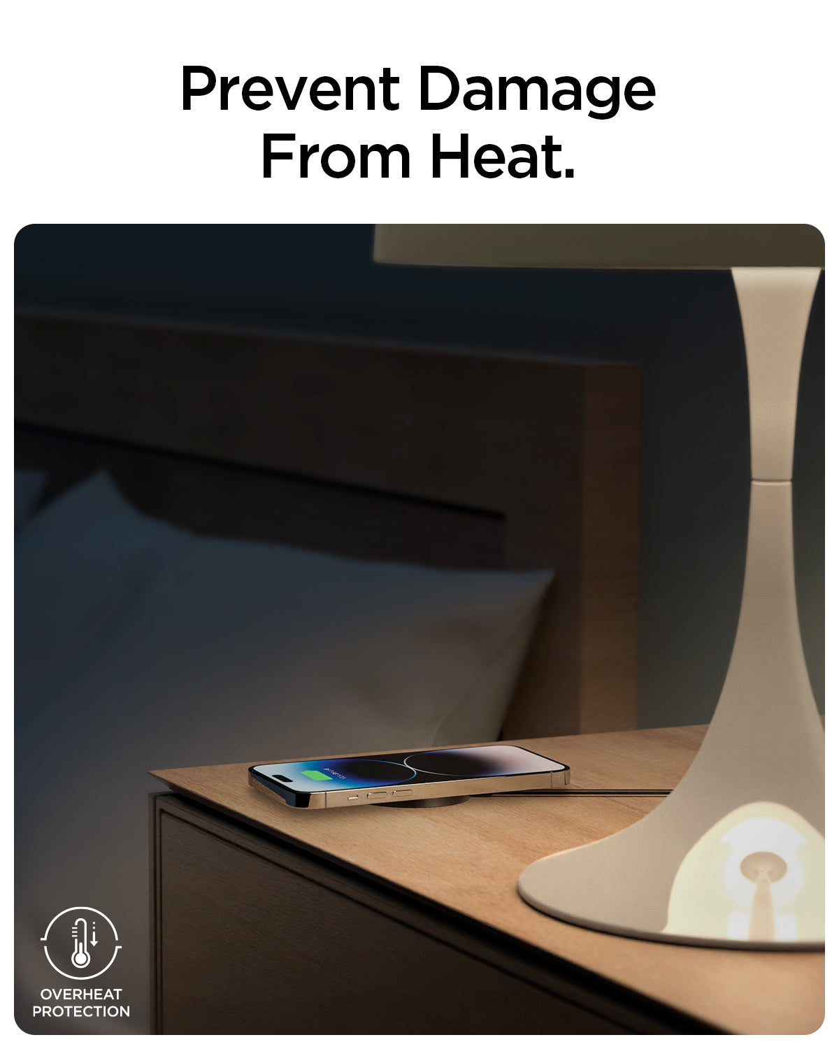 ACH04238 - ArcField™ Magnetic 7.5W Wireless Charger PF2101 (MagFit) in Black showing the Prevent Damage From Heat. A device attached to a wireless charger while under a table lamp
