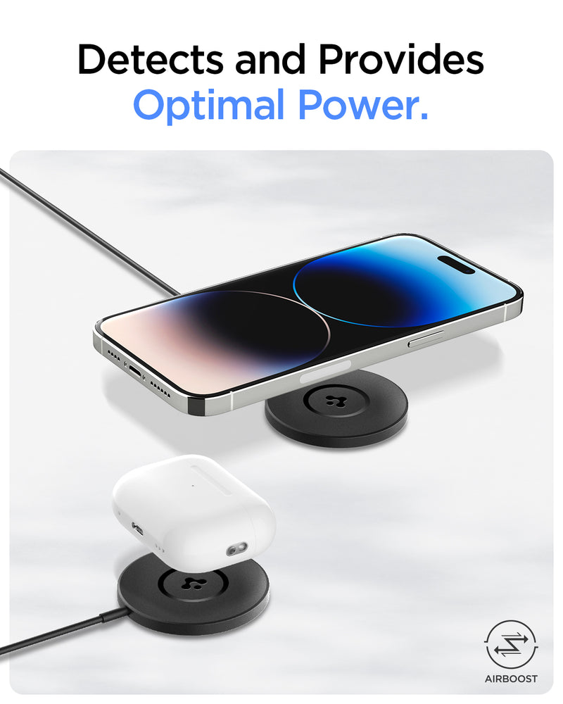 ACH04238 - ArcField™ Magnetic 7.5W Wireless Charger PF2101 (MagFit) in Black showing the Detects and Provides Optimal Power. A device and and airPods hovering above a wireless charger at the same time