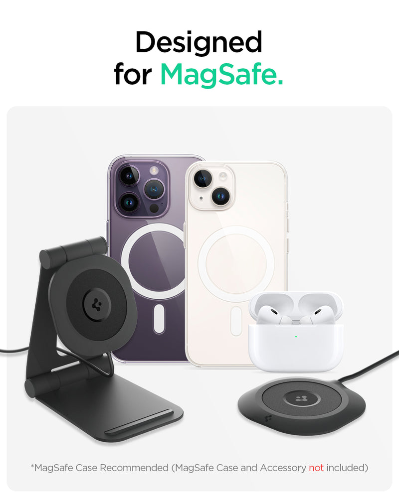 ACH04238 - ArcField™ Magnetic 7.5W Wireless Charger PF2101 (MagFit) in Black showing the Designed for MagSafe. Showing 2 magSafe devices a wireless charger with stand, flat wireless charger and an airPods