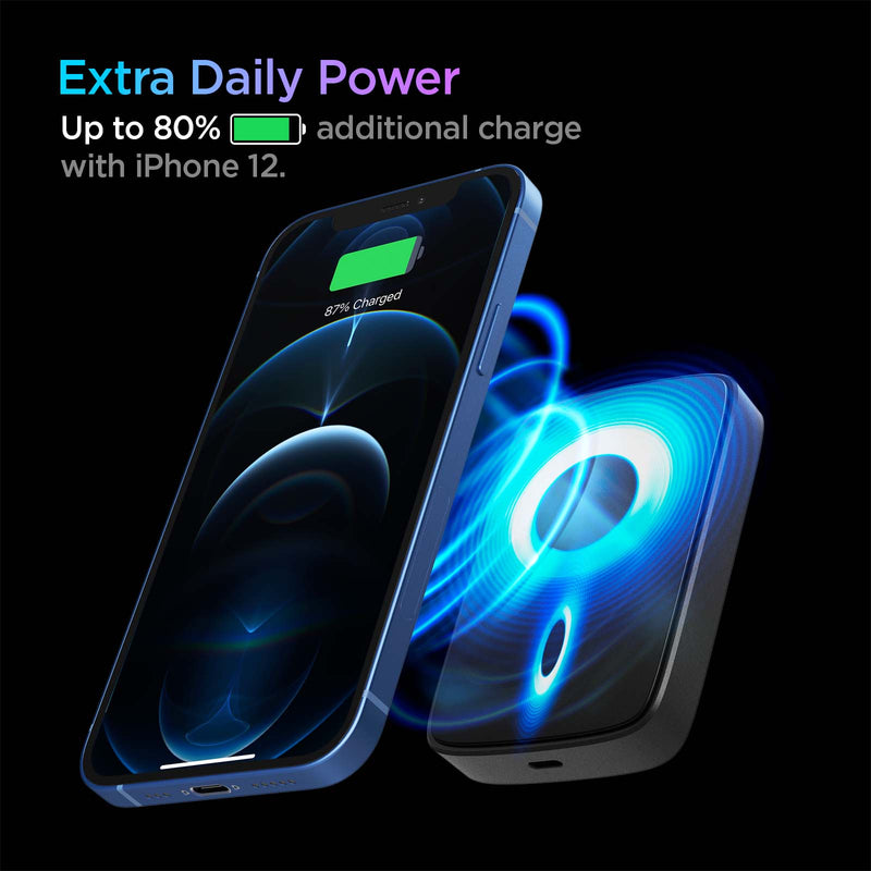 ABA04241 - ArcHybrid 7.5W Portable Wireless Charger PH2100 (MagFit) in Black showing the Extra Daily Power. Up to 80% additional charge with iPhone 12. A device hovering in front of a wireless charger