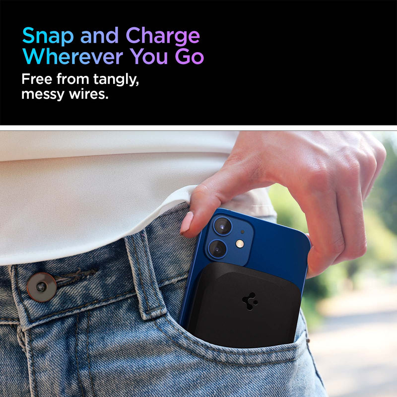 ABA04241 - ArcHybrid 7.5W Portable Wireless Charger PH2100 (MagFit) in Black showing the Snap and Charge Wherever You Go, Free from tangly, messy wires. A man showing a device pull out for pocket with a charger attached to it