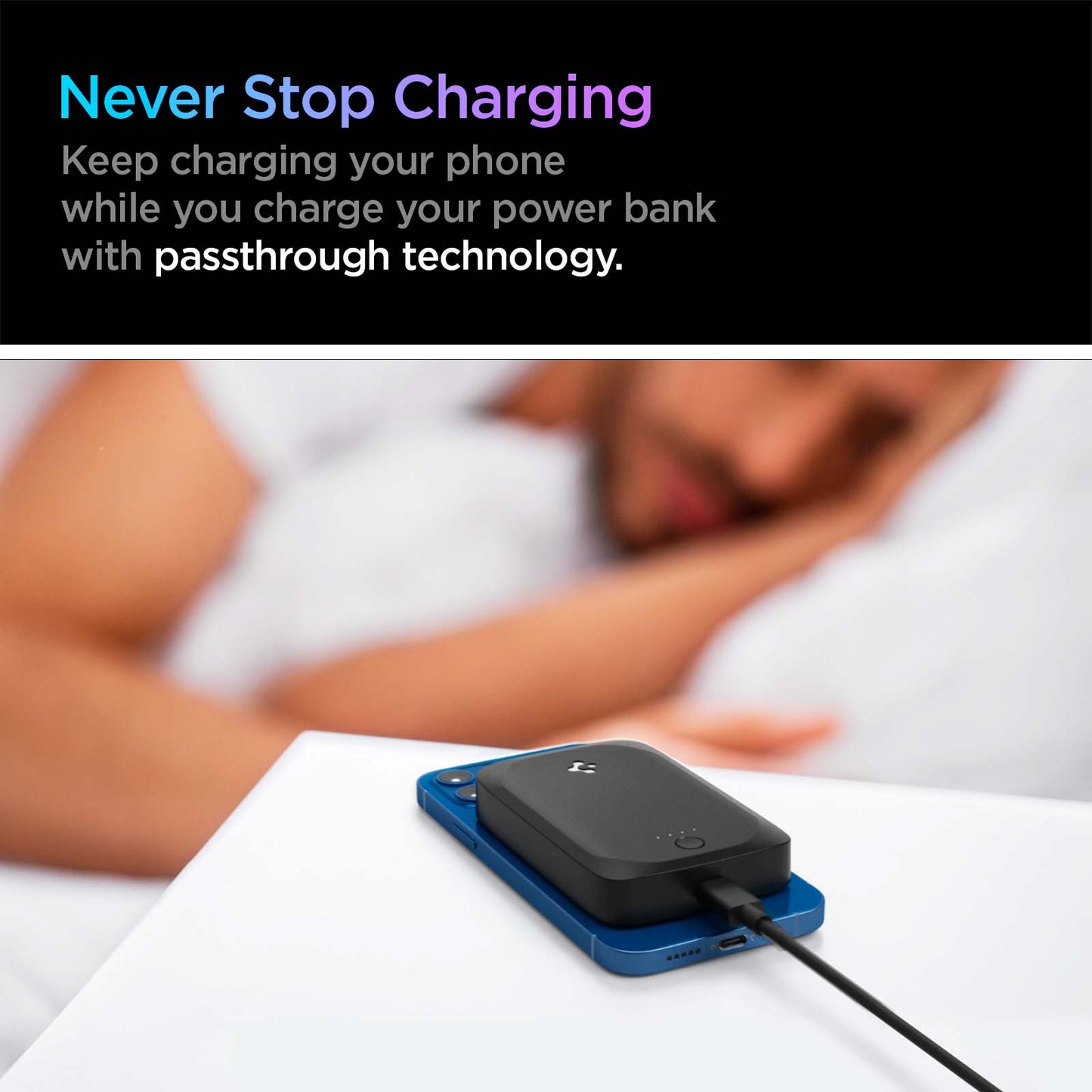 ABA04241 - ArcHybrid 7.5W Portable Wireless Charger PH2100 (MagFit) in Black showing the Never Stop Charging. Keep charging your phone while you charge your power bank with the passthrough technology. A device charged to a charger attached on its back