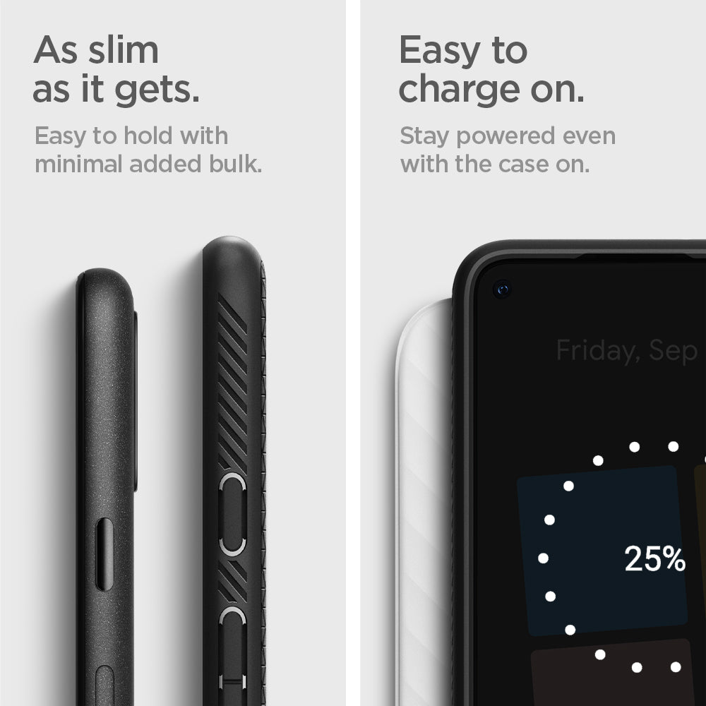 ACS01896 - Pixel 5 Case Liquid Air in black as alim as it gets. easy to hold with minimal added bulk. easy to charge on. stay powered even with the case on.