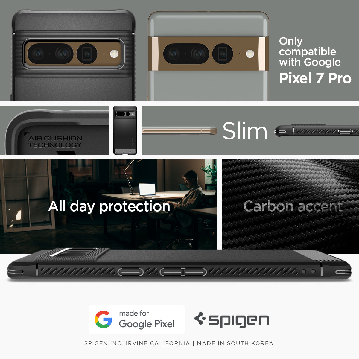ACS04725 - Pixel 7 Pro Case Rugged Armor in matte black only compatible with Google Pixel 7 pro. all day protection.