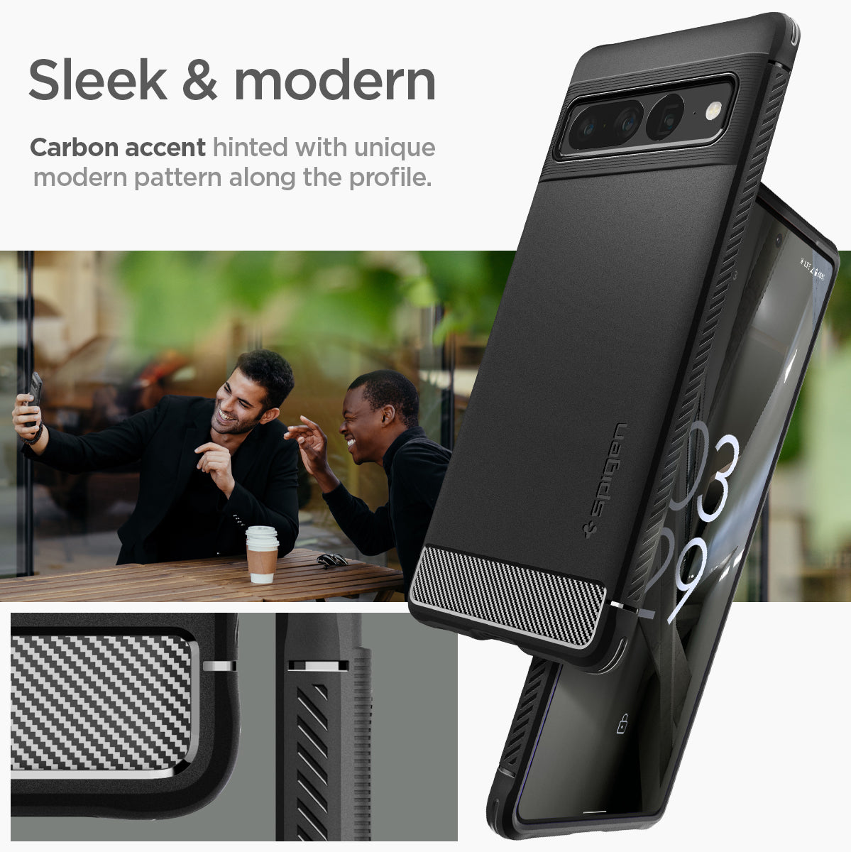 ACS04725 - Pixel 7 Pro Case Rugged Armor in matte black sleek and modern carbon accent hinted with unique modern pattern along the profile.