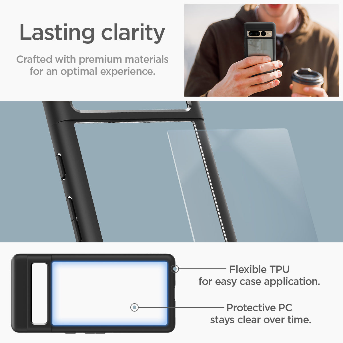 ACS04727 - Pixel 7 Pro Case Ultra Hybrid in matte black Lasting clarity crafted with premium materials for an optimal experience. Flexible TPU for easy case application. Protective PC stays clear over time.