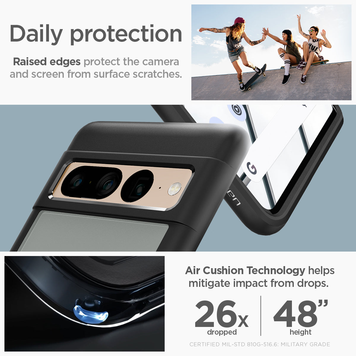 ACS04727 - Pixel 7 Pro Case Ultra Hybrid in matte black daily protection raised edges protect the camera and screen from surface scratches. Air cushion technology helps mitigate impact from drops.