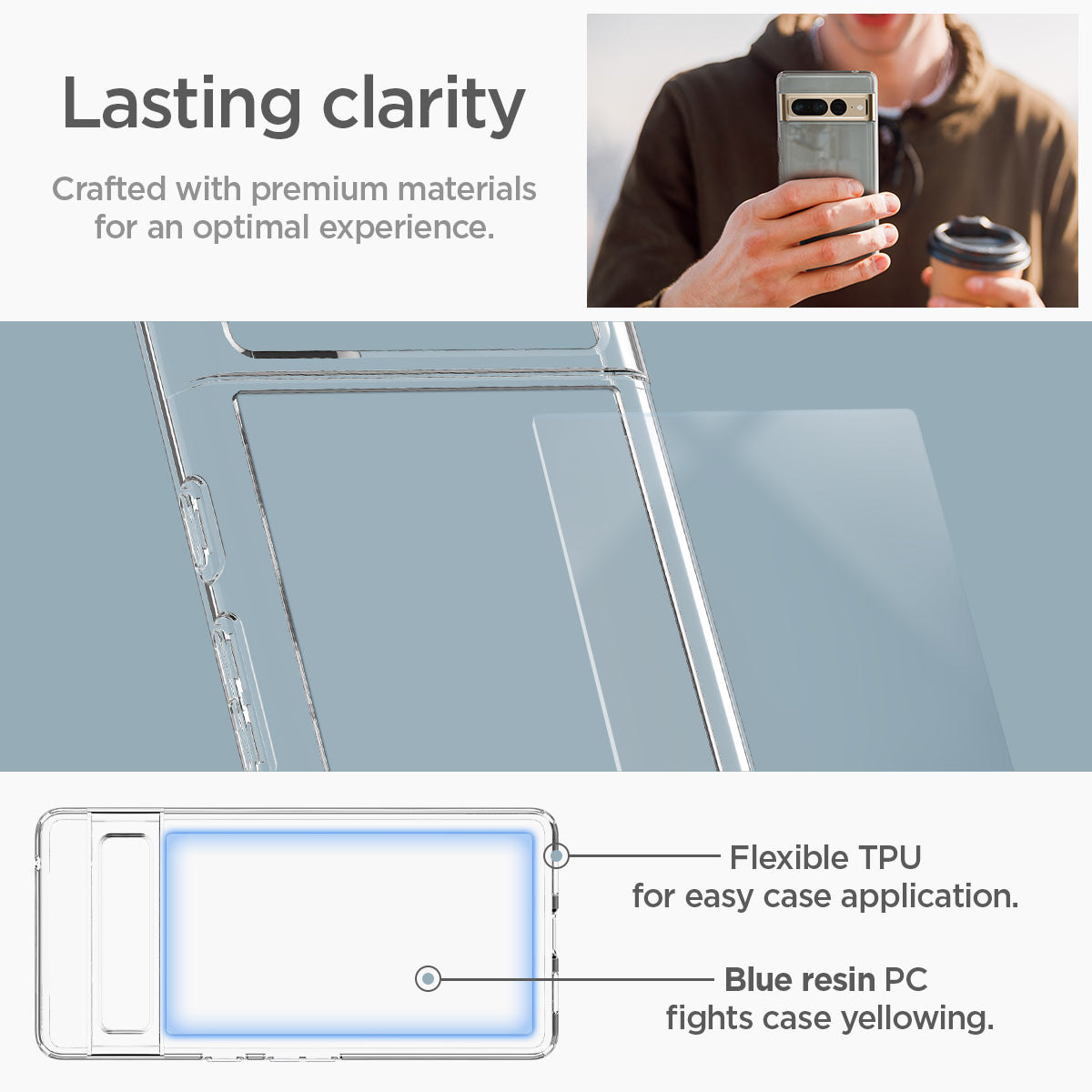 ACS04726 - Pixel 7 Pro Case Ultra Hybrid in crystal clear Lasting clarity crafted with premium materials for an optimal experience. Flexible TPU for easy case application. Protective PC stays clear over time.