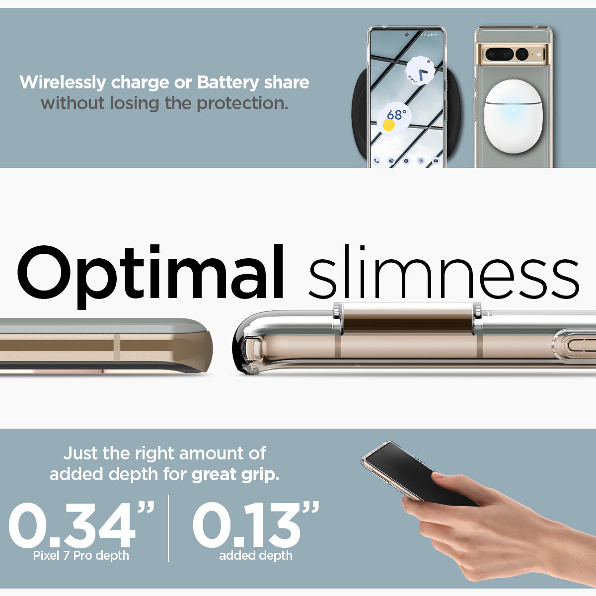 ACS04726 - Pixel 7 Pro Case Ultra Hybrid in crystal clear wirelessly charge or battery share without losing the protection. Optimal slimness. Just the right amount of added depth for great grip.