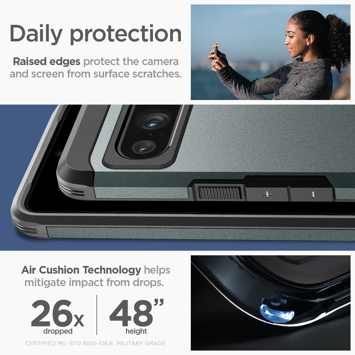 ACS06322 - Pixel 8 Pro Case Tough Armor in abyss green daily protection raised edges protect the camera and screen from surface scratches. Air cushion technology helps mitigate impact from drops.