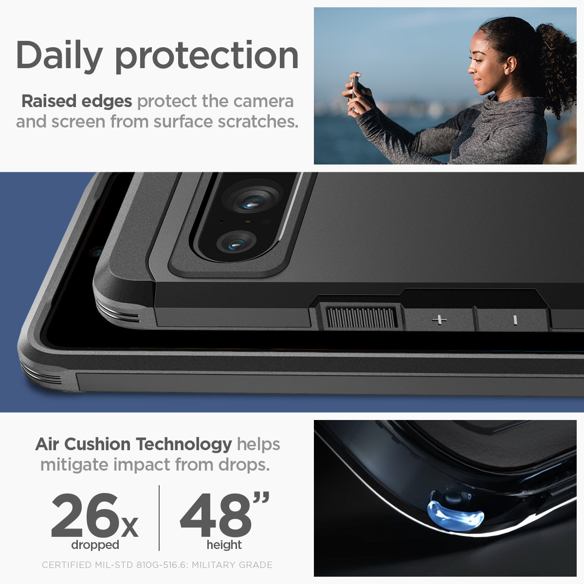 ACS06319 - Pixel 8 Pro Case Tough Armor in black daily protection raised edges protect the camera and screen from surface scratches. Air cushion technology helps mitigate impact from drops.