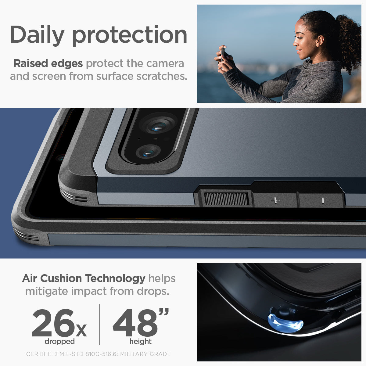 ACS06320 - Pixel 8 Pro Case Tough Armor in metal slate daily protection raised edges protect the camera and screen from surface scratches. Air cushion technology helps mitigate impact from drops.