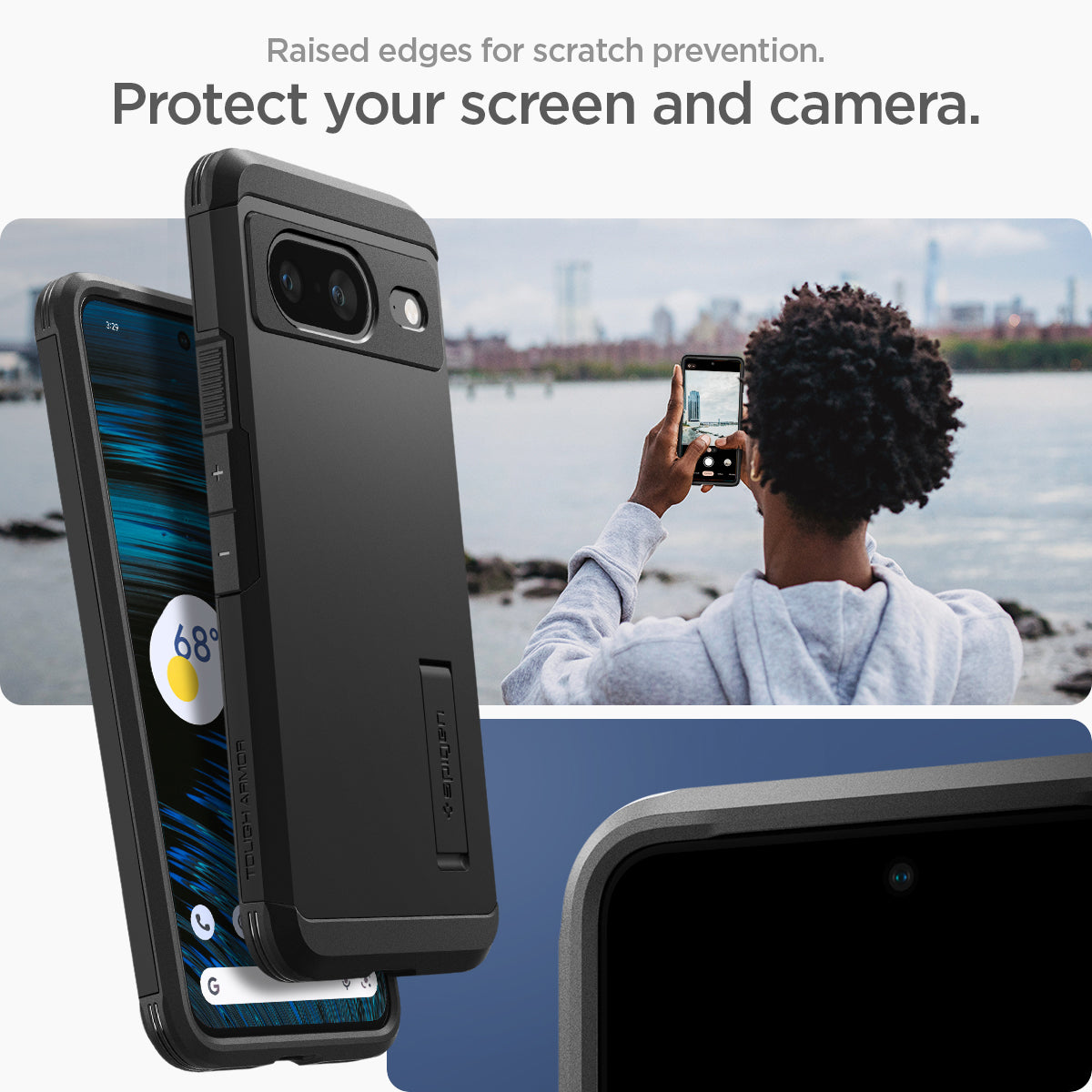 ACS06282 - Pixel 8 Case Tough Armor in black showing the raised edges for scratch prevention. Protect your screen and camera