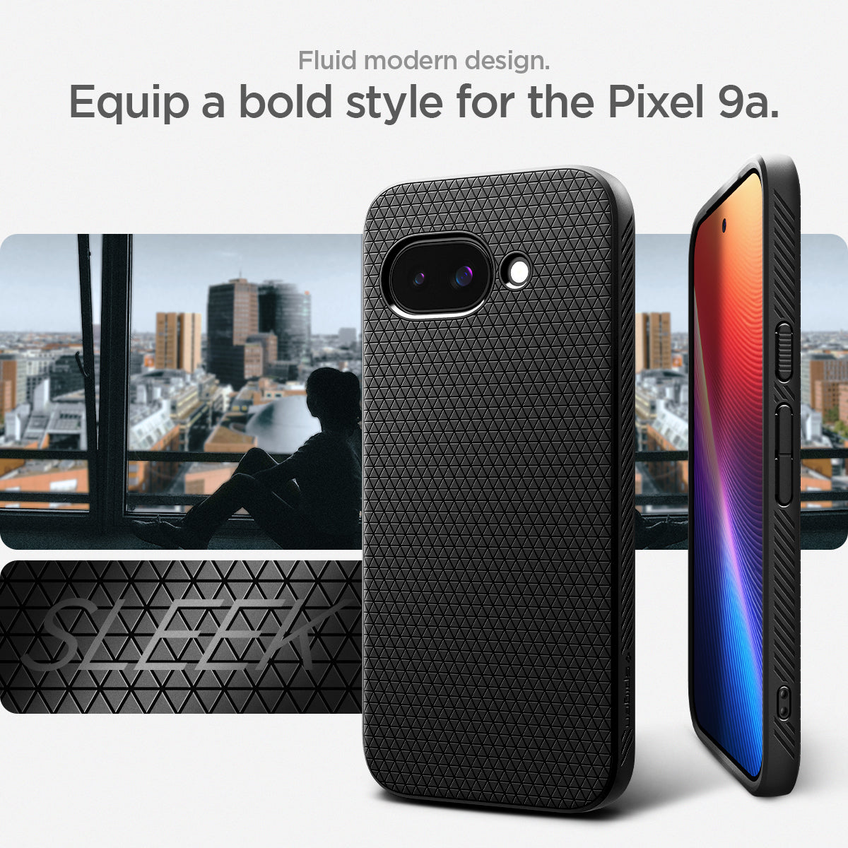 ACS09039 - Pixel 9a Case Liquid Air in Matte Black showing the fluid modern design. Equip a bold style for the Pixel 9a