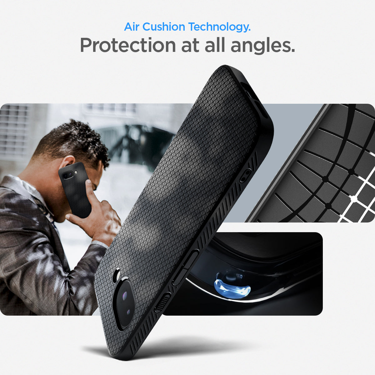 ACS09039 - Pixel 9a Case Liquid Air in Matte Black showing the Air Cushion Technology. Protection at all angles