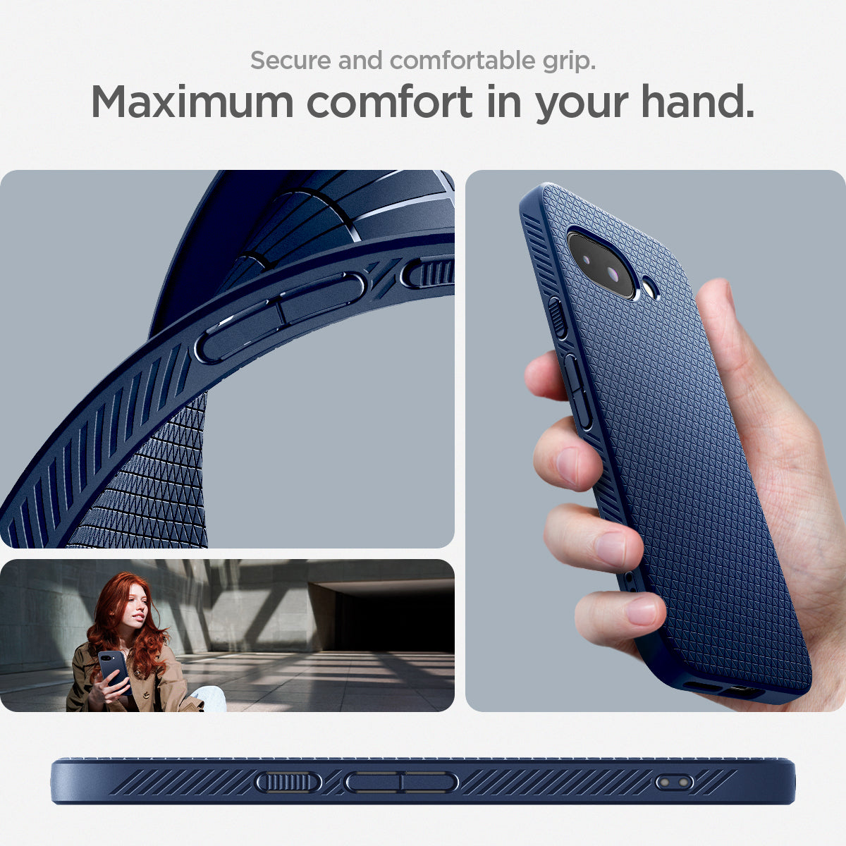 ACS09040 - Pixel 9a Case Liquid Air in Navy Blue showing the secure and comfortable grip. Maximum comfort in your hand