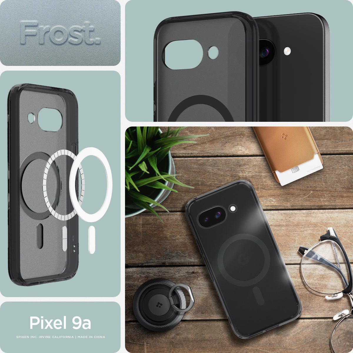 ACS09045 - Pixel 9a Case Ultra Hybrid Metal Ring (MagFit) in Frost Black showing the different angles