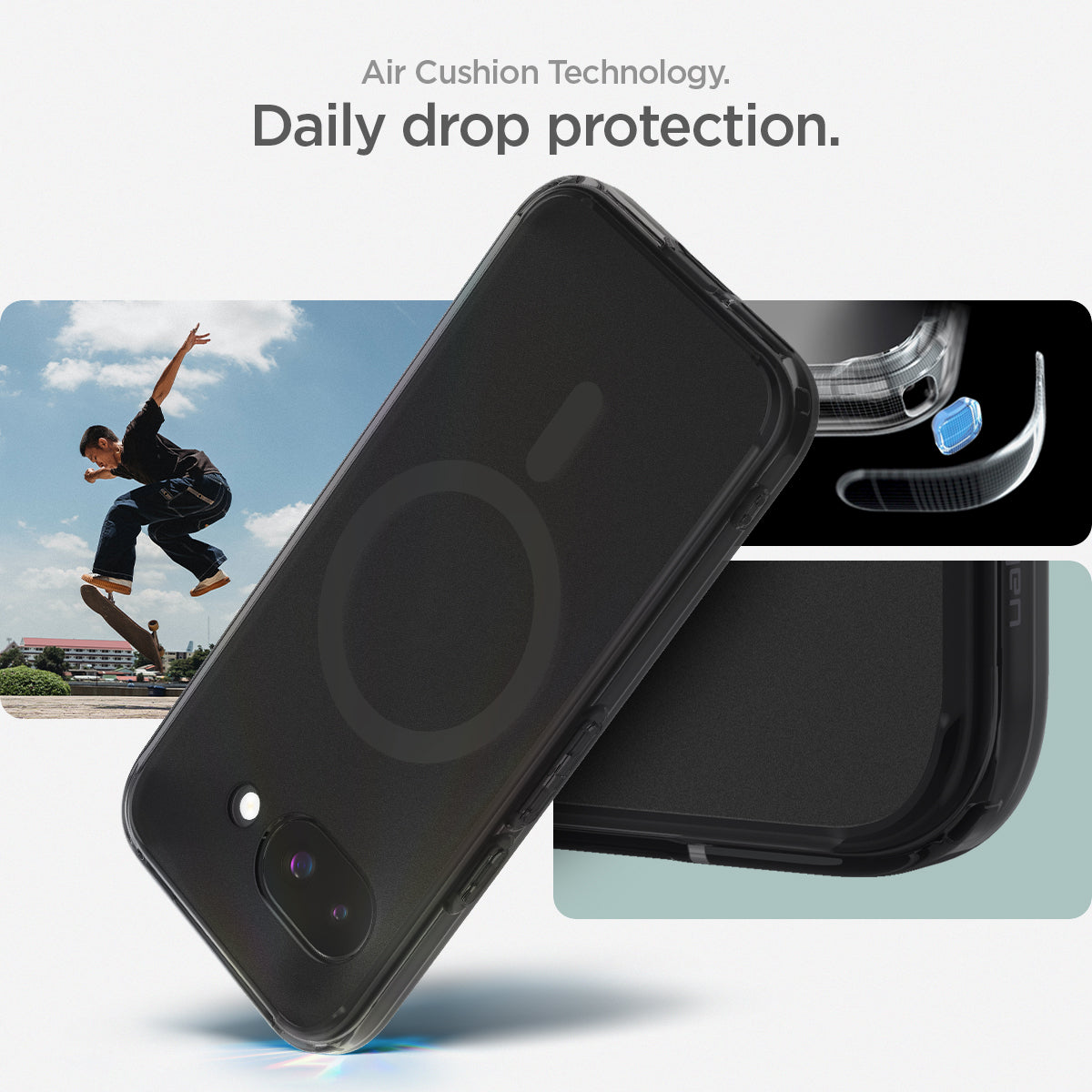 ACS09045 - Pixel 9a Case Ultra Hybrid Metal Ring (MagFit) in Frost Black showing the Air Cushion Technology with daily drop protection