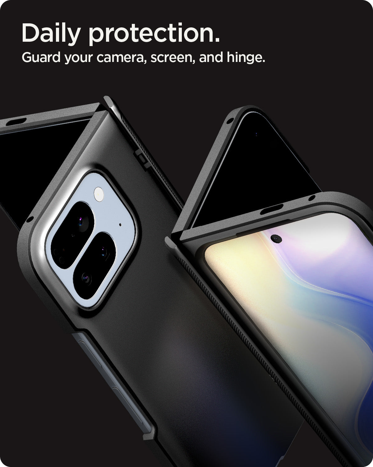 ACS09741 - Pixel 10 Pro Fold Case Slim Armor Pro (MagFit) in black showing the daily protection. Guard your camera, screen and hinge