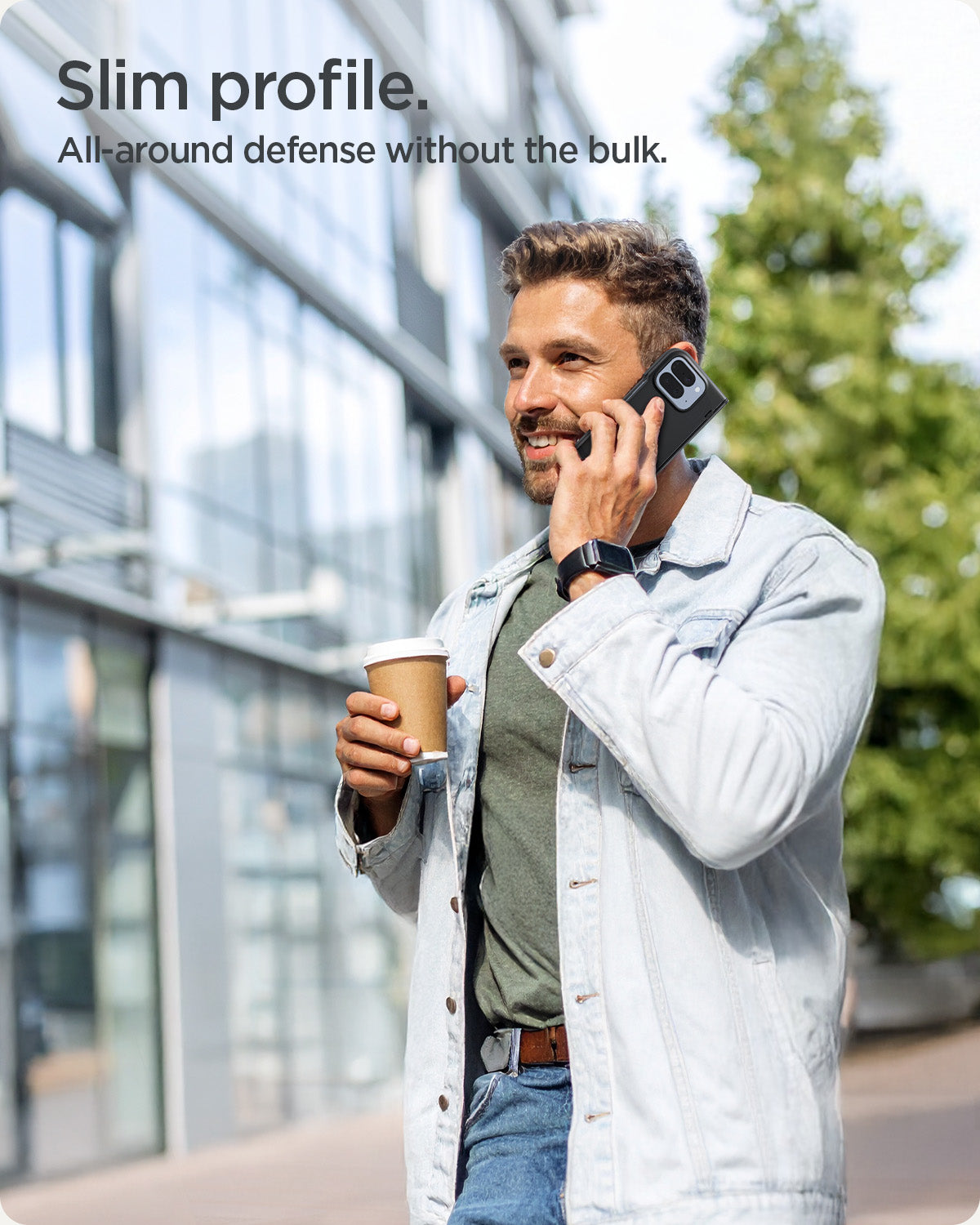 ACS09741 - Pixel 10 Pro Fold Case Slim Armor Pro (MagFit) in black showing a man talking on the phone. Slim profile and all-around defense without the bulk.
