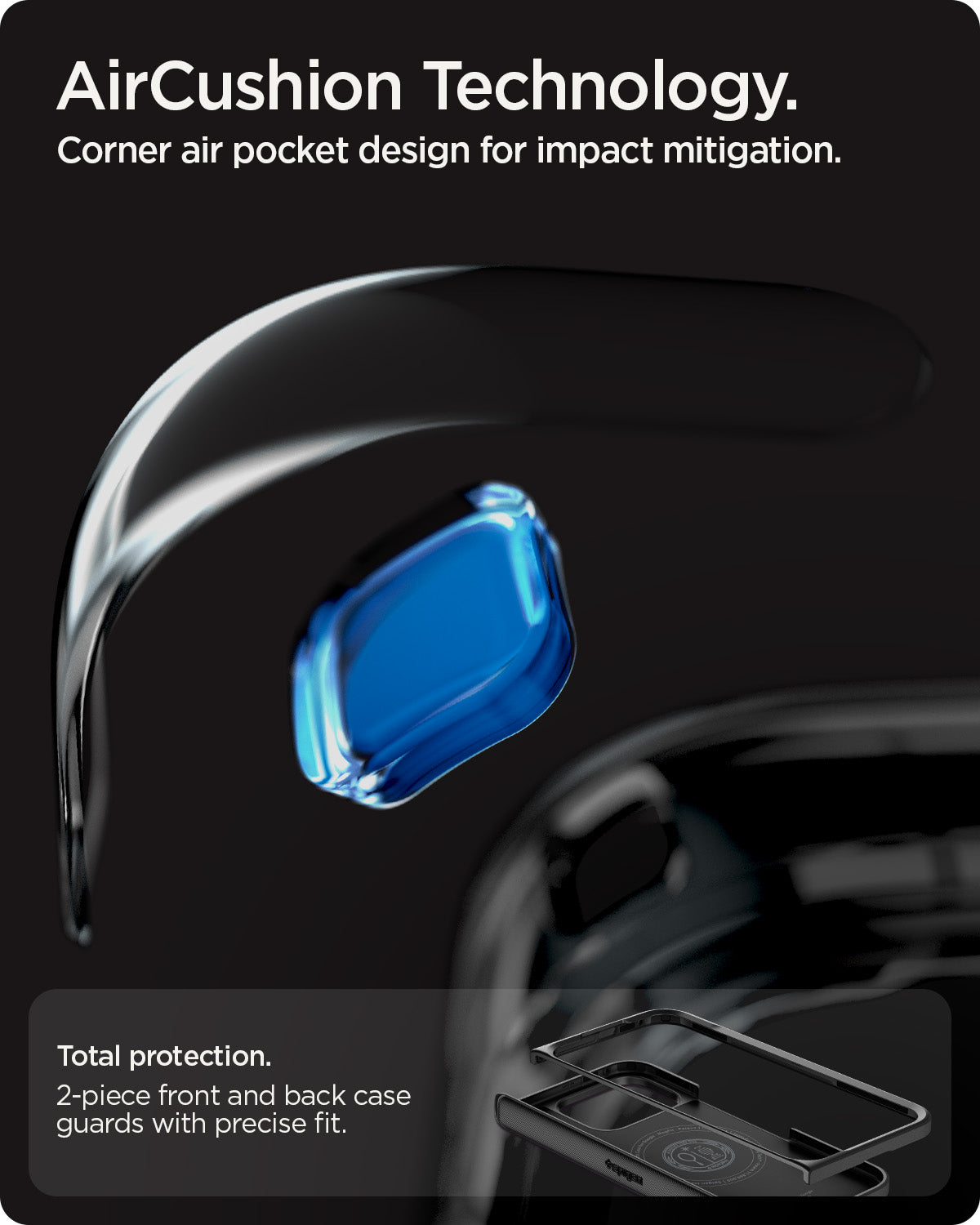 ACS09741 - Pixel 10 Pro Fold Case Slim Armor Pro (MagFit) in black showing the AirCushion Technology. Corner air pocket design for impact mitigation. Total protection. 2-piece front and back case guards with precise fit