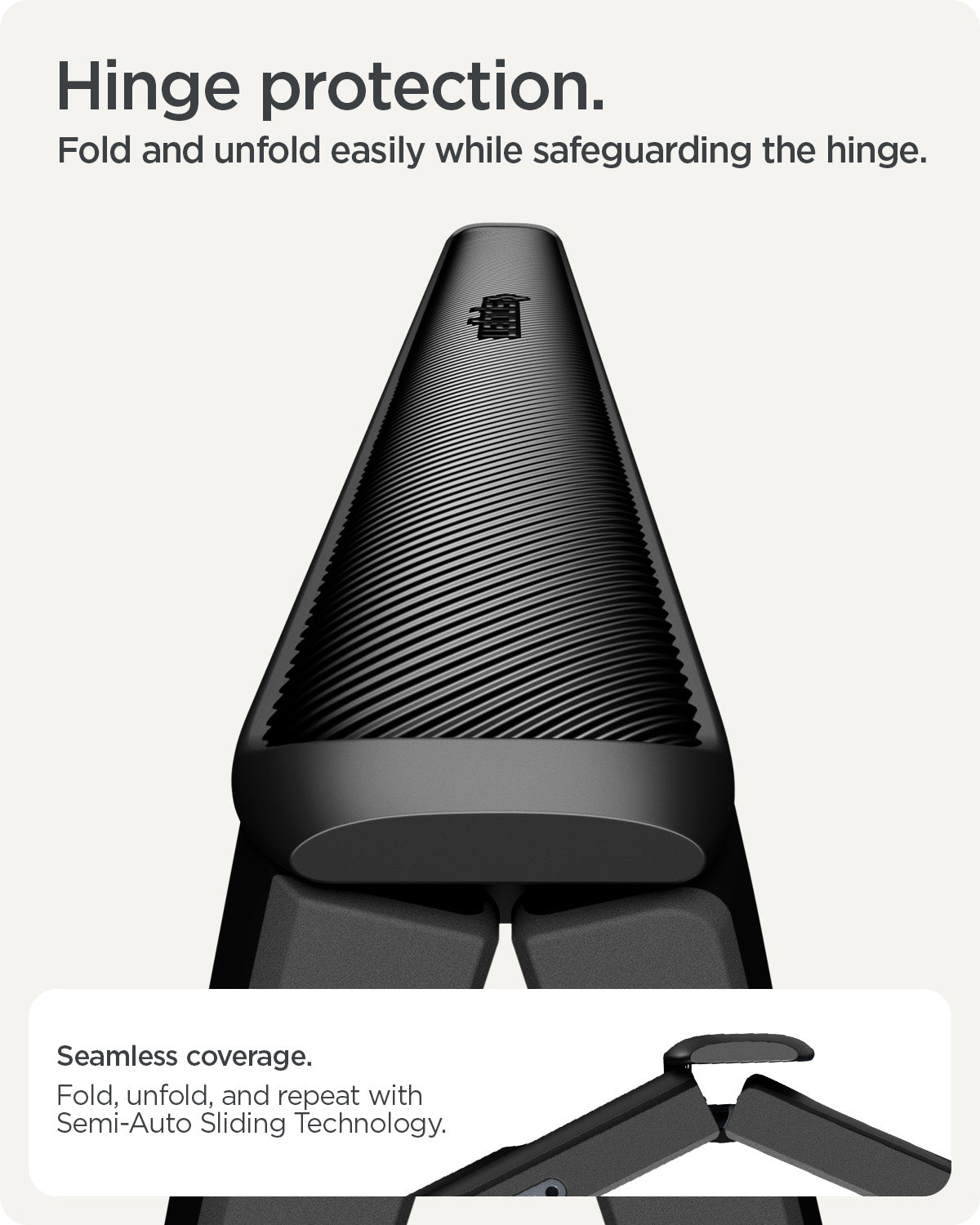 ACS09741 - Pixel 10 Pro Fold Case Slim Armor Pro (MagFit) in black showing the hinge protection. Fold and unfold easily while safeguarding the hinge. Seamless coverage. Fold, unfold and repeat with semi-auto sliding technology
