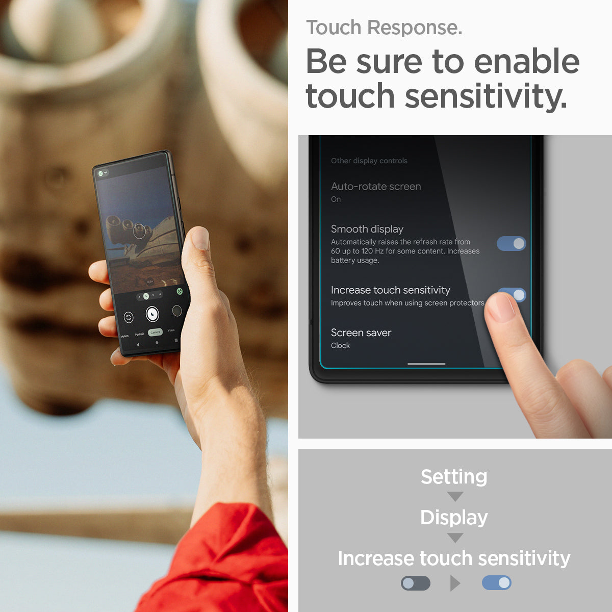 AGL04695 - Pixel 6a Screen Protector Alignmaster touch response. Be sure to enable touch sensitivity.