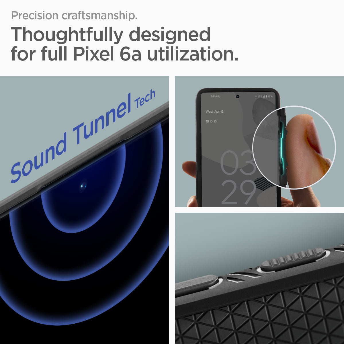 ACS04474 - Pixel 6a Case Liquid Air in matte black precision craftsmanship. Thoughtfully designed for full Pixel 6a utilization. Sound tunnel tech.