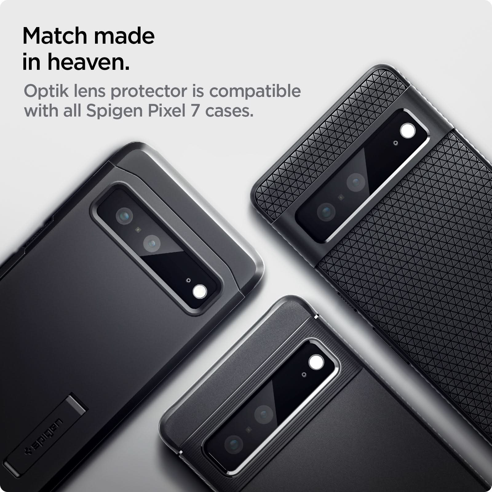 AGL05471 - Pixel 7 Optik Lens Protector in black match made in heaven. Optik lens protector is compatible with all Spigen pixel 7 pro cases.