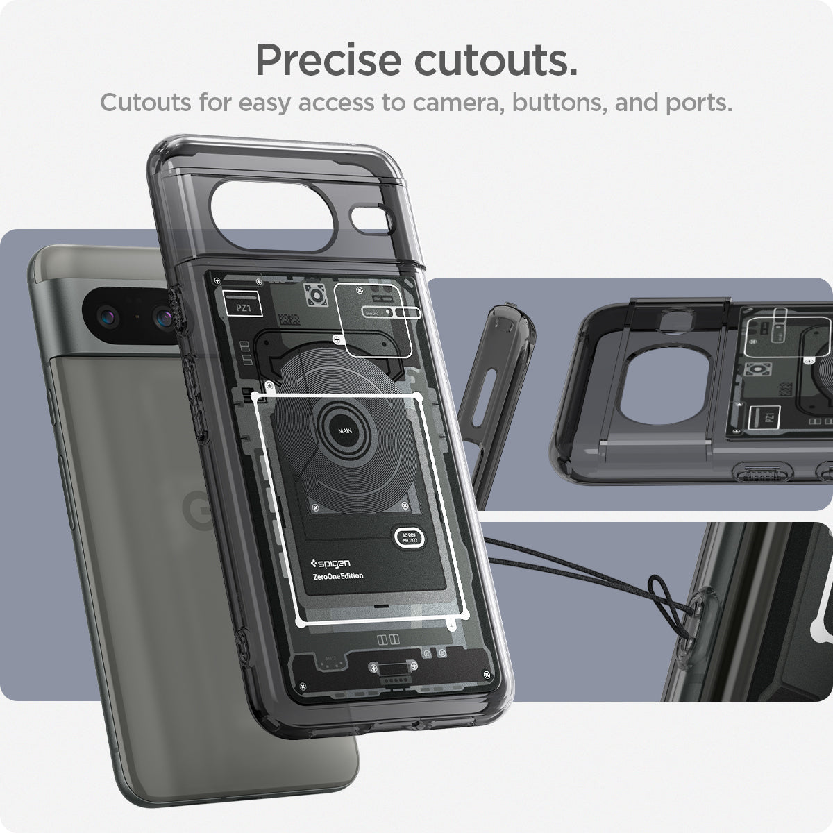 ACS06279 - Pixel 8 Case Ultra Hybrid Zero One showing the cutouts for easy access to camera, buttons, and ports. Precise cutouts