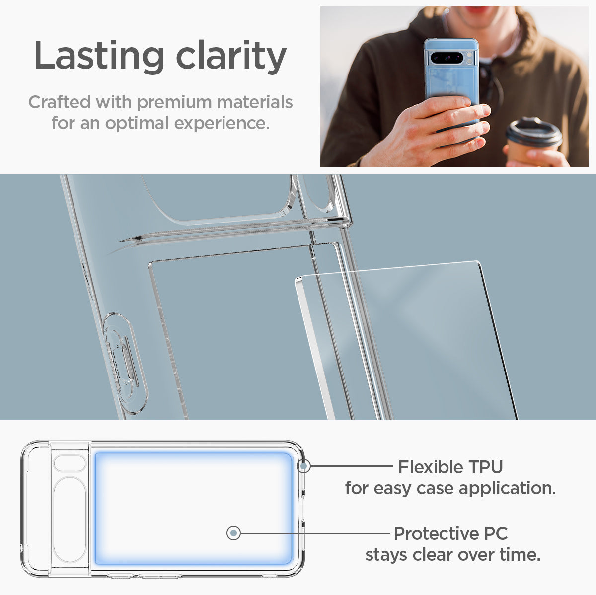 ACS06315 - Pixel 8 Pro Case Ultra Hybrid in crystal clear Lasting clarity crafted with premium materials for an optimal experience. Flexible TPU for easy case application. Protective PC stays clear over time.