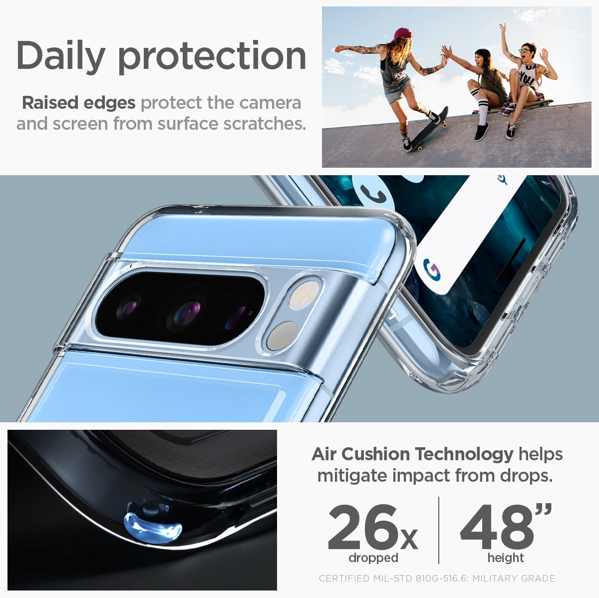 ACS06315 - Pixel 8 Pro Case Ultra Hybrid in crystal clear daily protection raised edges protect the camera and screen from surface scratches. Air cushion technology helps mitigate impact from drops.