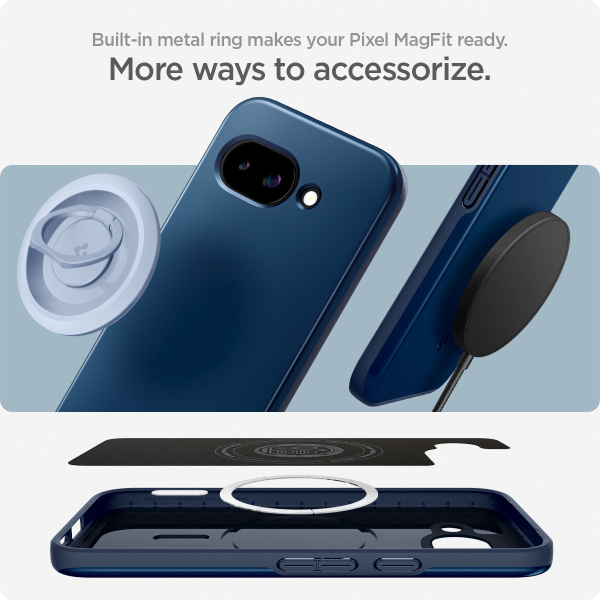 ACS09038 - Pixel 9a Case Thin Fit (MagFit) in Navy Blue showing the built-in metal ring that makes your Pixel MagFit ready. More ways to