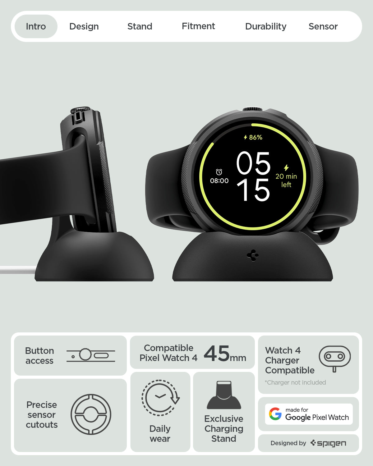 ACS09488 - GWdde Case Liquid Air in black showing the details. Button access, precise sensor cutouts, exclusive charging stand and compatibility with Pixel Watch 4 45mm